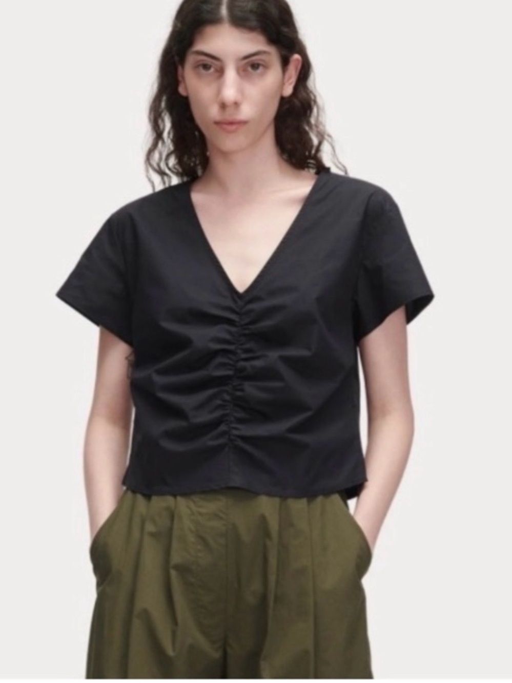 Joie Black Linen V-Neck Ruched Short Sleeve Top 0443